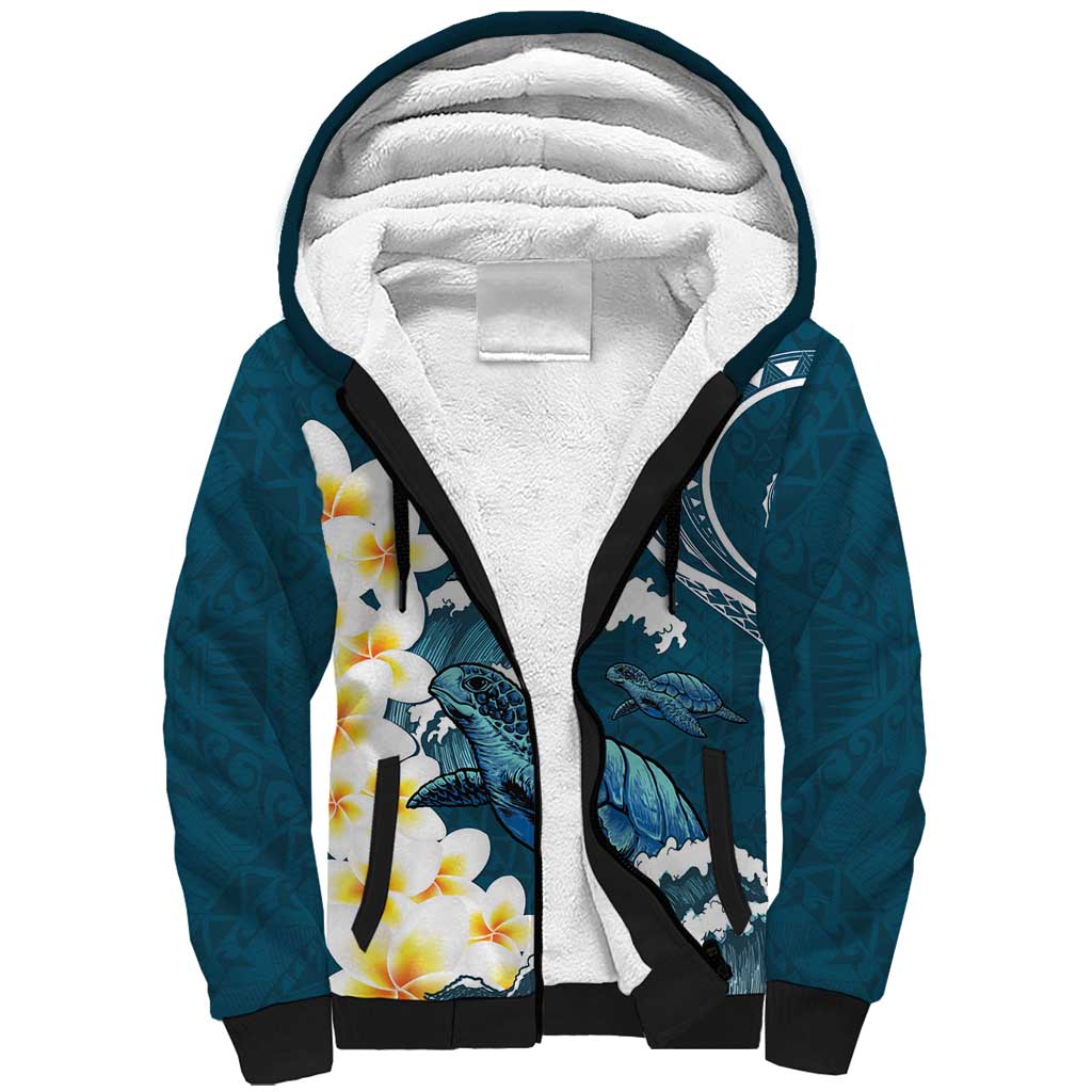 Dark Teal Polynesia Sherpa Hoodie Polynesian Frangipani With Sea Turtles