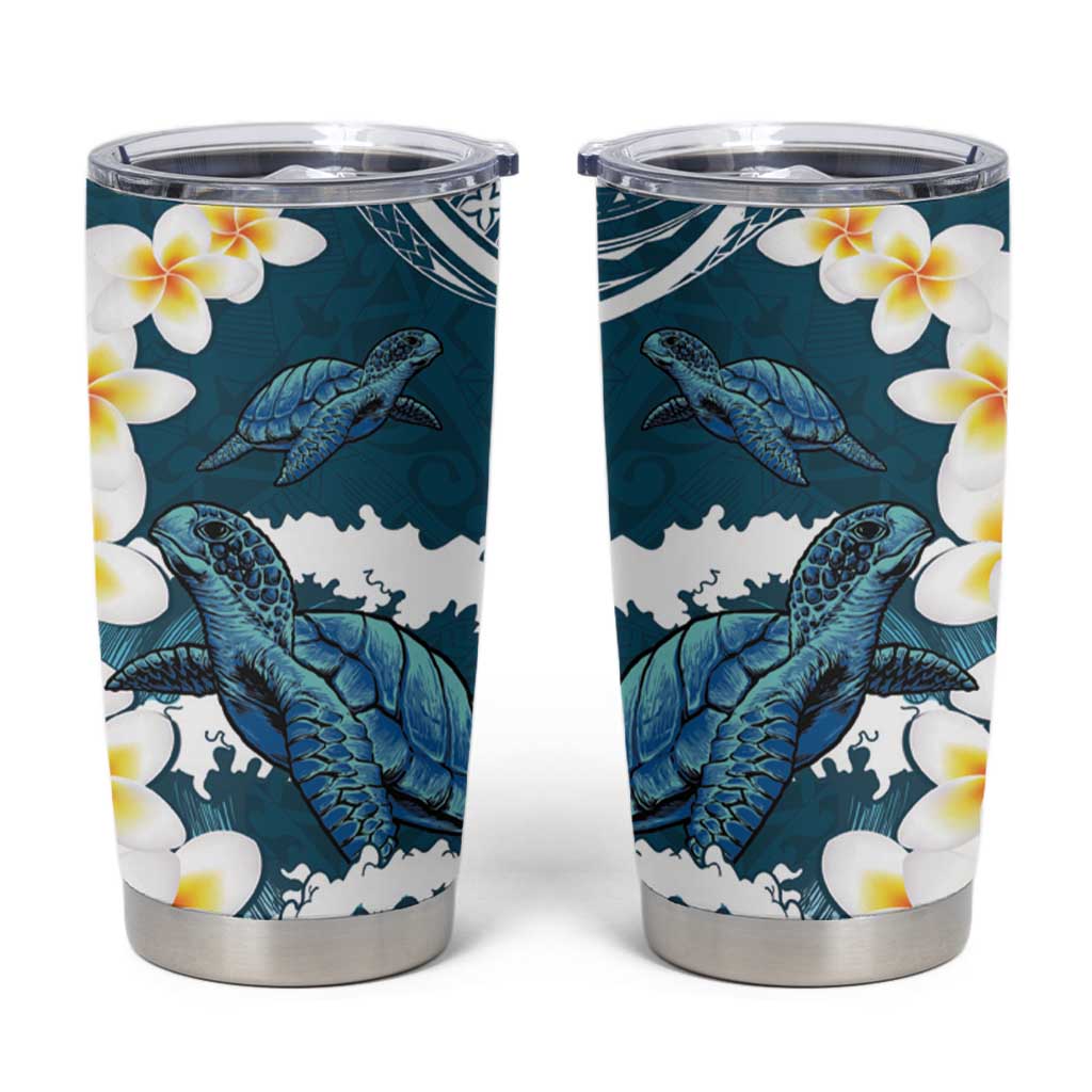 Dark Teal Polynesia Tumbler Cup Polynesian Frangipani With Sea Turtles