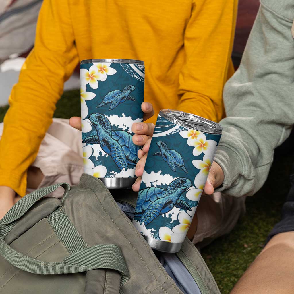 Dark Teal Polynesia Tumbler Cup Polynesian Frangipani With Sea Turtles