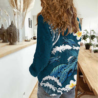 Dark Teal Polynesia Women Casual Shirt Polynesian Frangipani With Sea Turtles