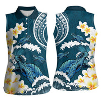 Dark Teal Polynesia Women Sleeveless Polo Shirt Polynesian Frangipani With Sea Turtles