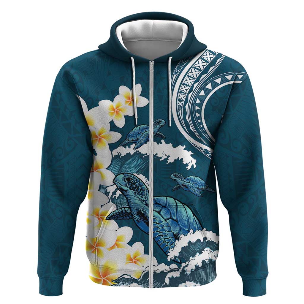 Dark Teal Polynesia Zip Hoodie Polynesian Frangipani With Sea Turtles