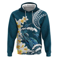 Dark Teal Polynesia Zip Hoodie Polynesian Frangipani With Sea Turtles