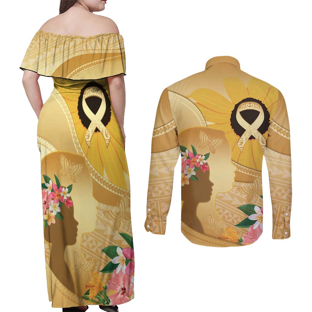 Polynesia Childhood Cancer Awareness Couples Matching Off Shoulder Maxi Dress and Long Sleeve Button Shirt Be Bold Go Gold Polynesian Art