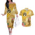 Polynesia Childhood Cancer Awareness Couples Matching Off The Shoulder Long Sleeve Dress and Hawaiian Shirt Be Bold Go Gold Polynesian Art
