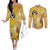 Polynesia Childhood Cancer Awareness Couples Matching Off The Shoulder Long Sleeve Dress and Long Sleeve Button Shirt Be Bold Go Gold Polynesian Art