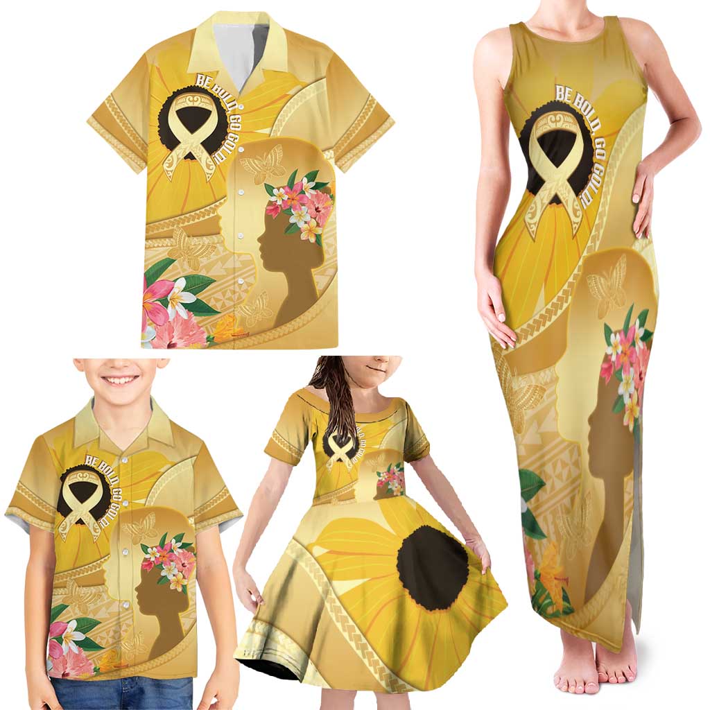 Polynesia Childhood Cancer Awareness Family Matching Tank Maxi Dress and Hawaiian Shirt Be Bold Go Gold Polynesian Art