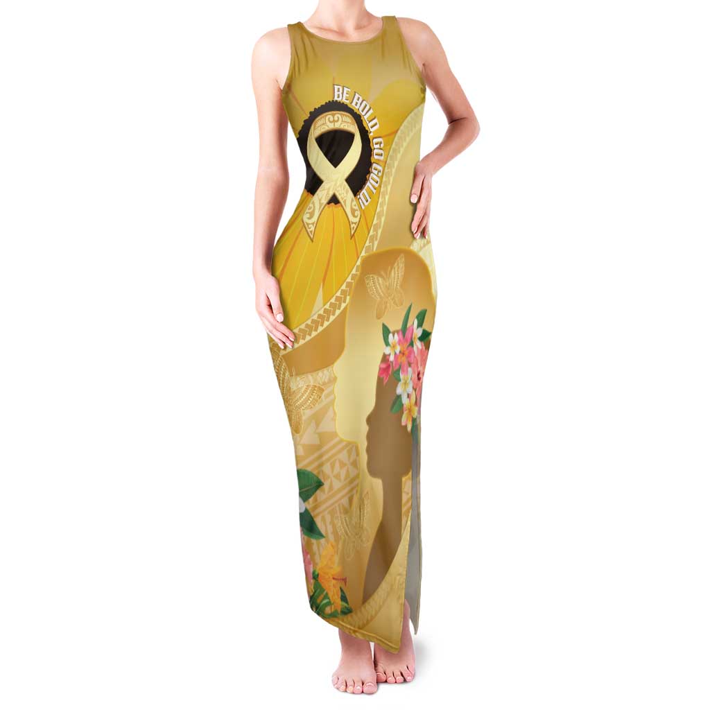 Polynesia Childhood Cancer Awareness Family Matching Tank Maxi Dress and Hawaiian Shirt Be Bold Go Gold Polynesian Art