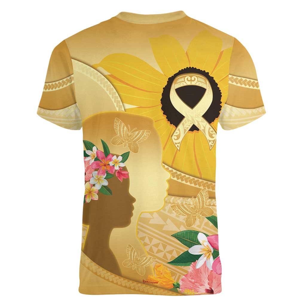 Polynesia Childhood Cancer Awareness Women V-Neck T-Shirt Be Bold Go Gold Polynesian Art