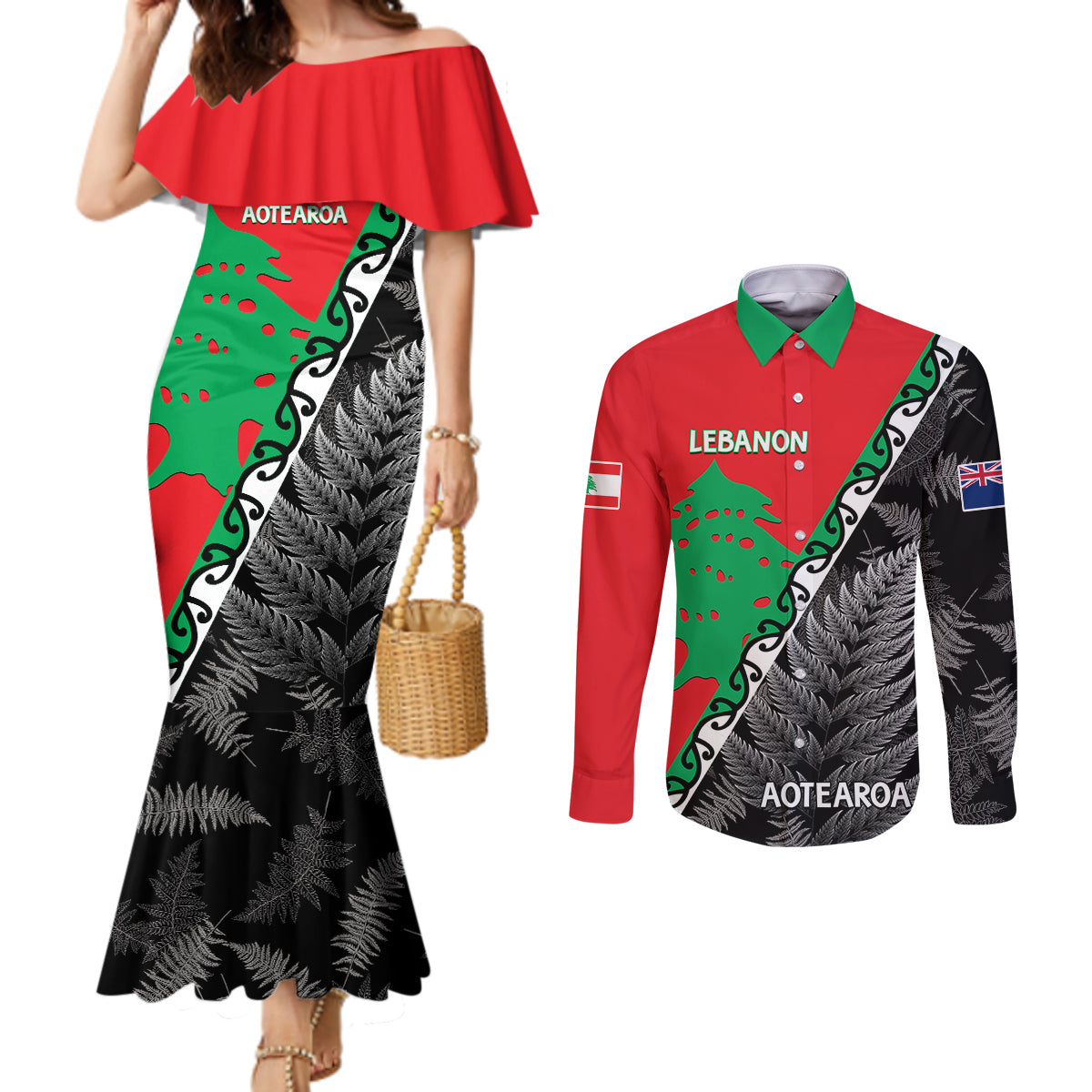 New Zealand And Lebanon Couples Matching Mermaid Dress and Long Sleeve Button Shirts Silver Fern Maori With Cedar Tree Together LT14 Red - Polynesian Pride