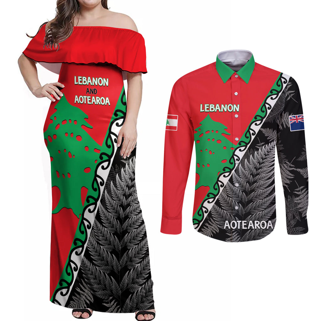 New Zealand And Lebanon Couples Matching Off Shoulder Maxi Dress and Long Sleeve Button Shirts Silver Fern Maori With Cedar Tree Together LT14 Red - Polynesian Pride