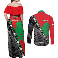 New Zealand And Lebanon Couples Matching Off Shoulder Maxi Dress and Long Sleeve Button Shirts Silver Fern Maori With Cedar Tree Together LT14 - Polynesian Pride