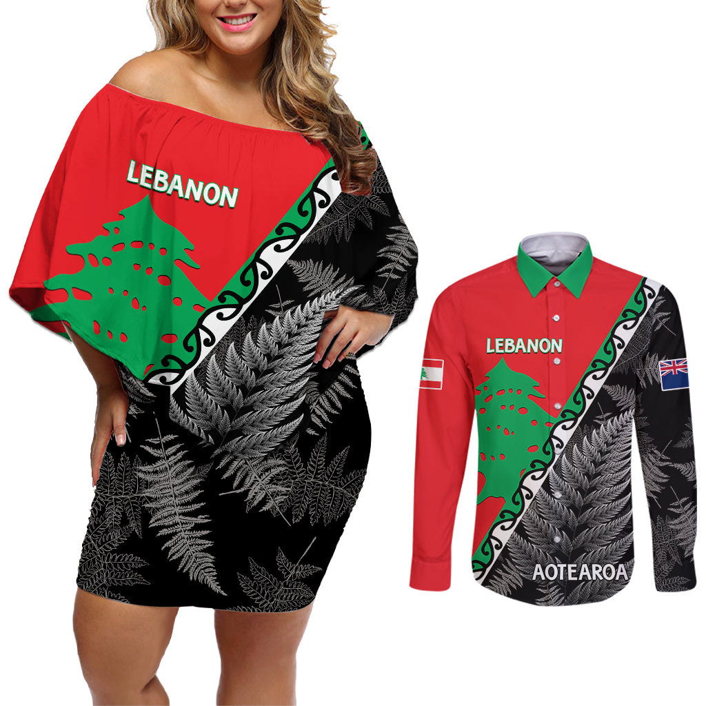 New Zealand And Lebanon Couples Matching Off Shoulder Short Dress and Long Sleeve Button Shirts Silver Fern Maori With Cedar Tree Together LT14 Red - Polynesian Pride