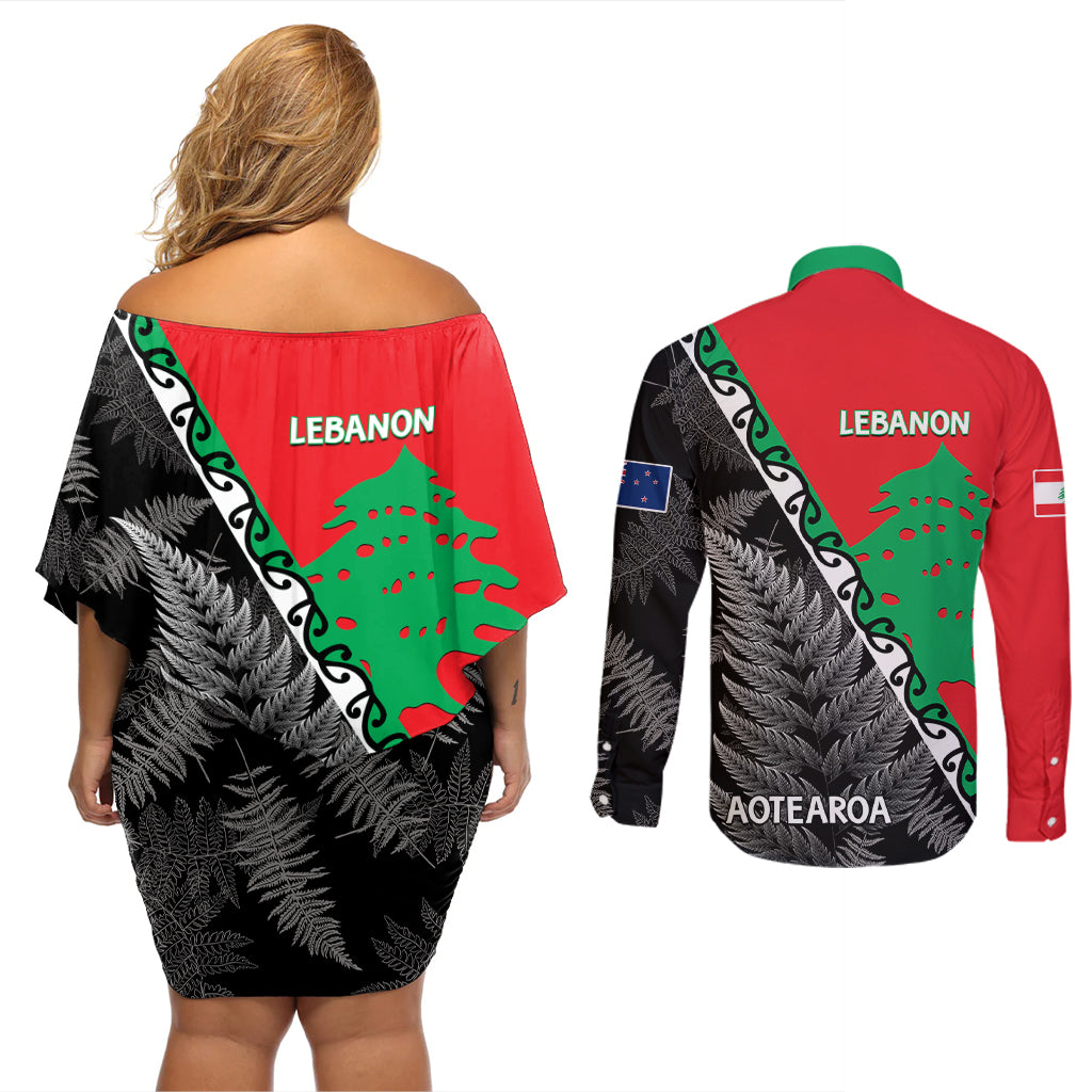 New Zealand And Lebanon Couples Matching Off Shoulder Short Dress and Long Sleeve Button Shirts Silver Fern Maori With Cedar Tree Together LT14 - Polynesian Pride