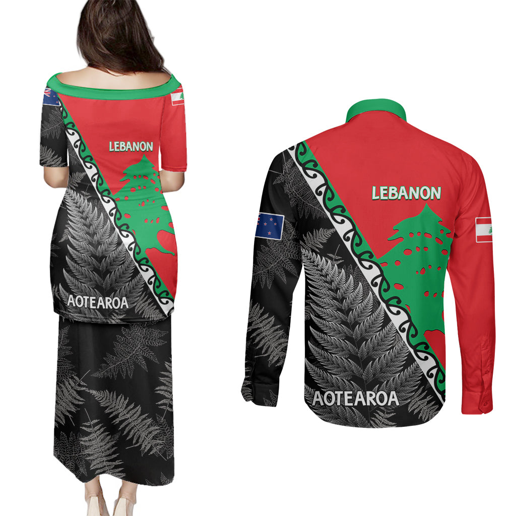 New Zealand And Lebanon Couples Matching Puletasi Dress and Long Sleeve Button Shirts Silver Fern Maori With Cedar Tree Together LT14 - Polynesian Pride