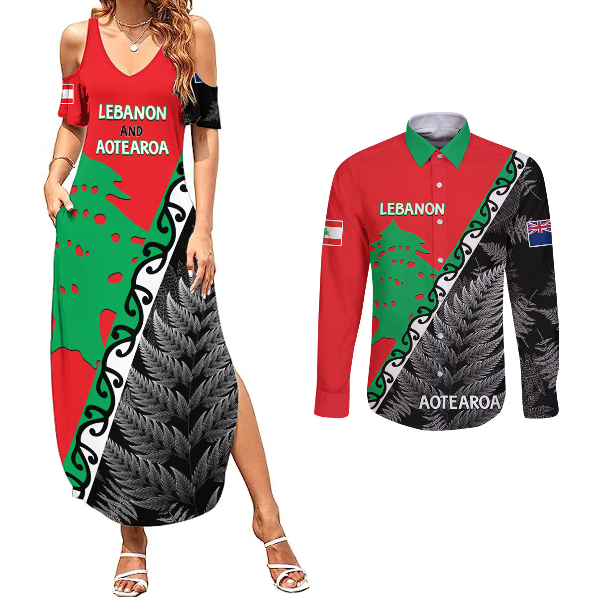 New Zealand And Lebanon Couples Matching Summer Maxi Dress and Long Sleeve Button Shirts Silver Fern Maori With Cedar Tree Together LT14 Red - Polynesian Pride