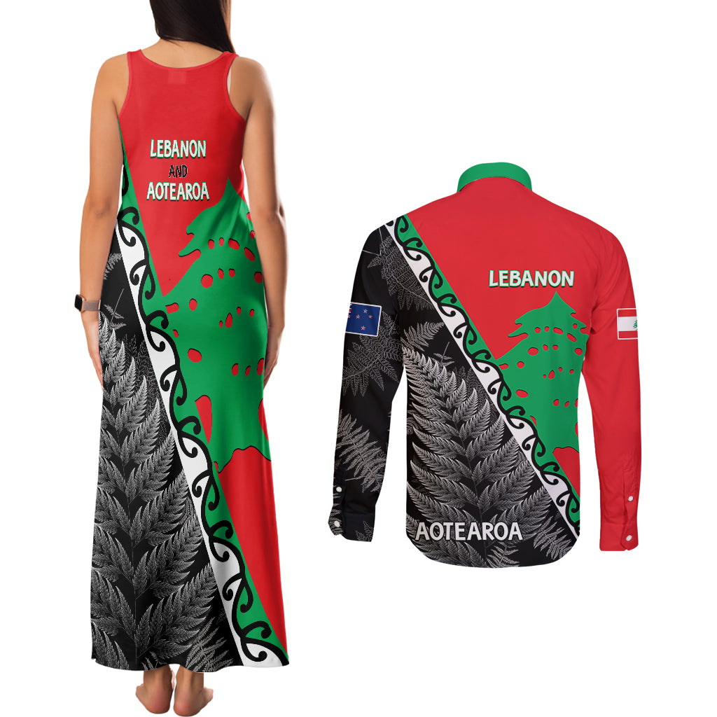 New Zealand And Lebanon Couples Matching Tank Maxi Dress and Long Sleeve Button Shirts Silver Fern Maori With Cedar Tree Together LT14 - Polynesian Pride