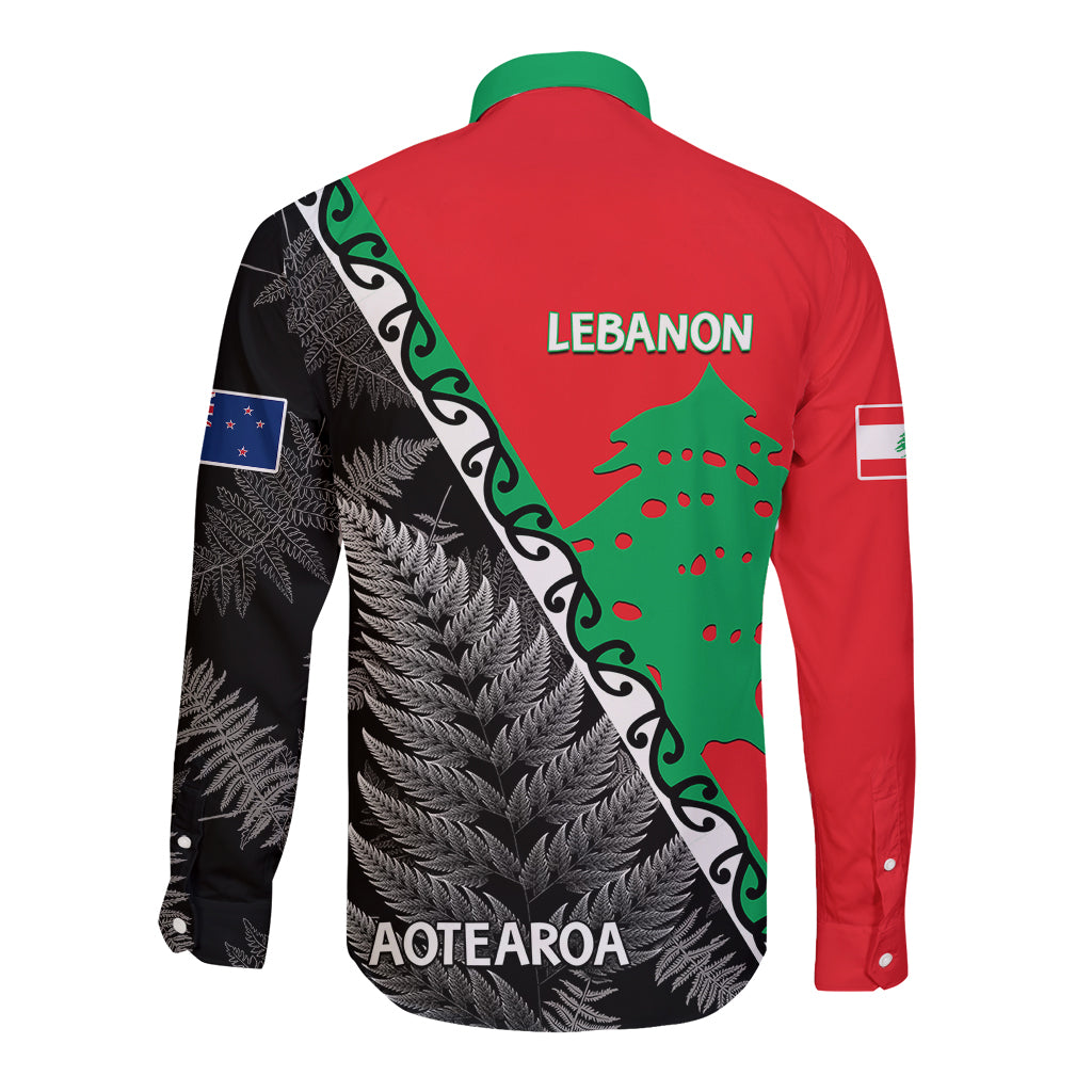 New Zealand And Lebanon Long Sleeve Button Shirt Silver Fern Maori With Cedar Tree Together LT14 - Polynesian Pride