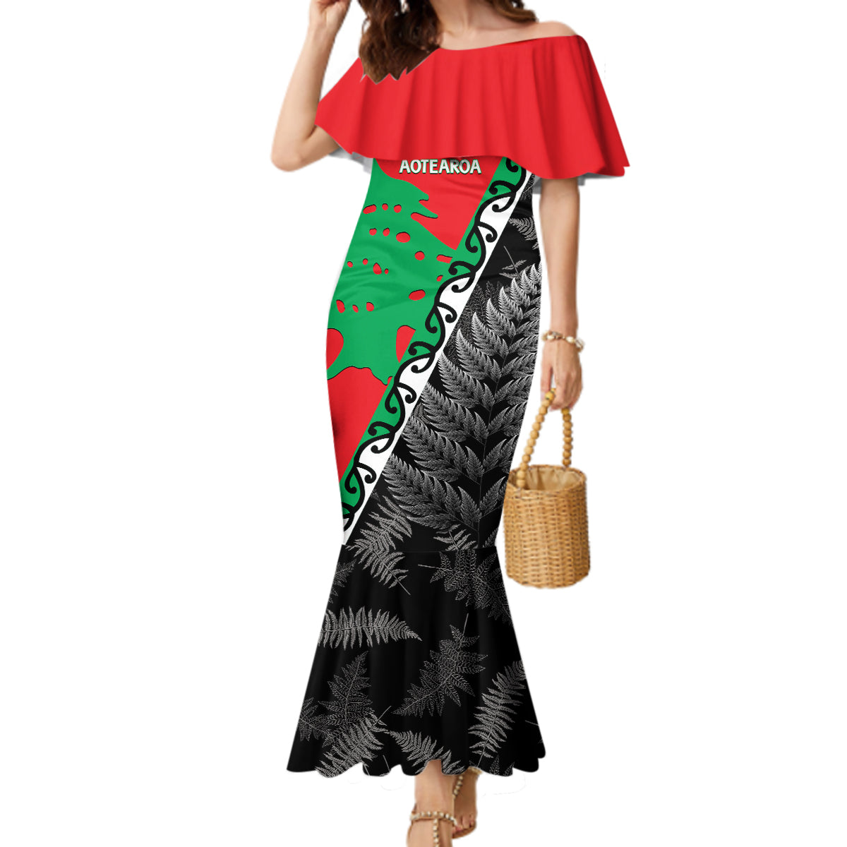 New Zealand And Lebanon Mermaid Dress Silver Fern Maori With Cedar Tree Together LT14 Women Red - Polynesian Pride