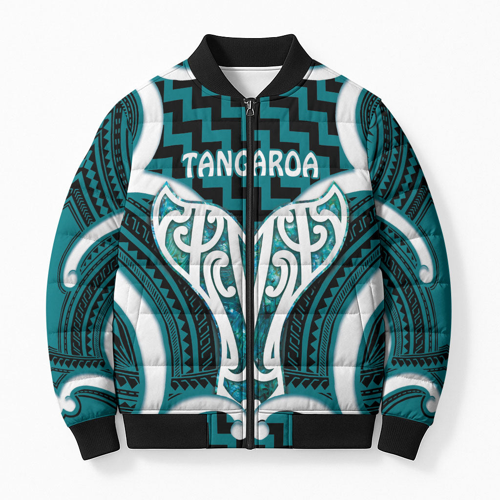 Aotearoa Atua Tangaroa Personalised Bomber Puffer Jacket God Of The Sea Maori Whale Tail Cyan