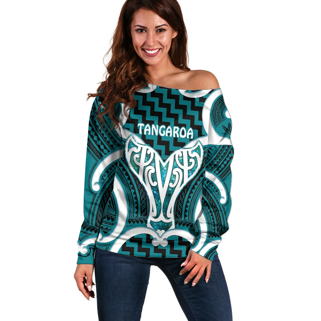 Aotearoa Atua Tangaroa Personalised Off Shoulder Sweater God Of The Sea Maori Whale Tail Cyan LT14 Women Cyan - Polynesian Pride