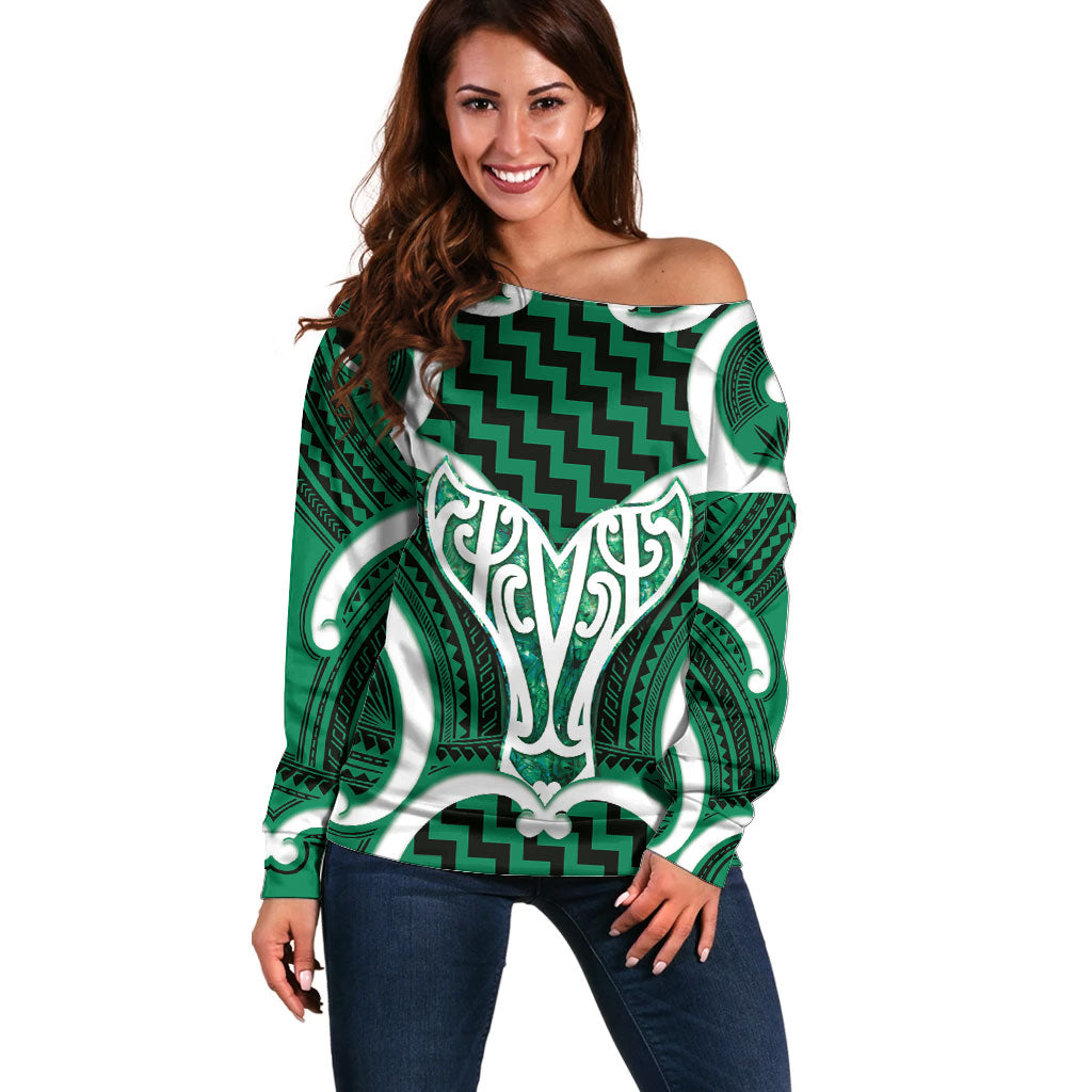 Aotearoa Atua Tangaroa Personalised Off Shoulder Sweater God Of The Sea Maori Whale Tail Green LT14 Women Green - Polynesian Pride
