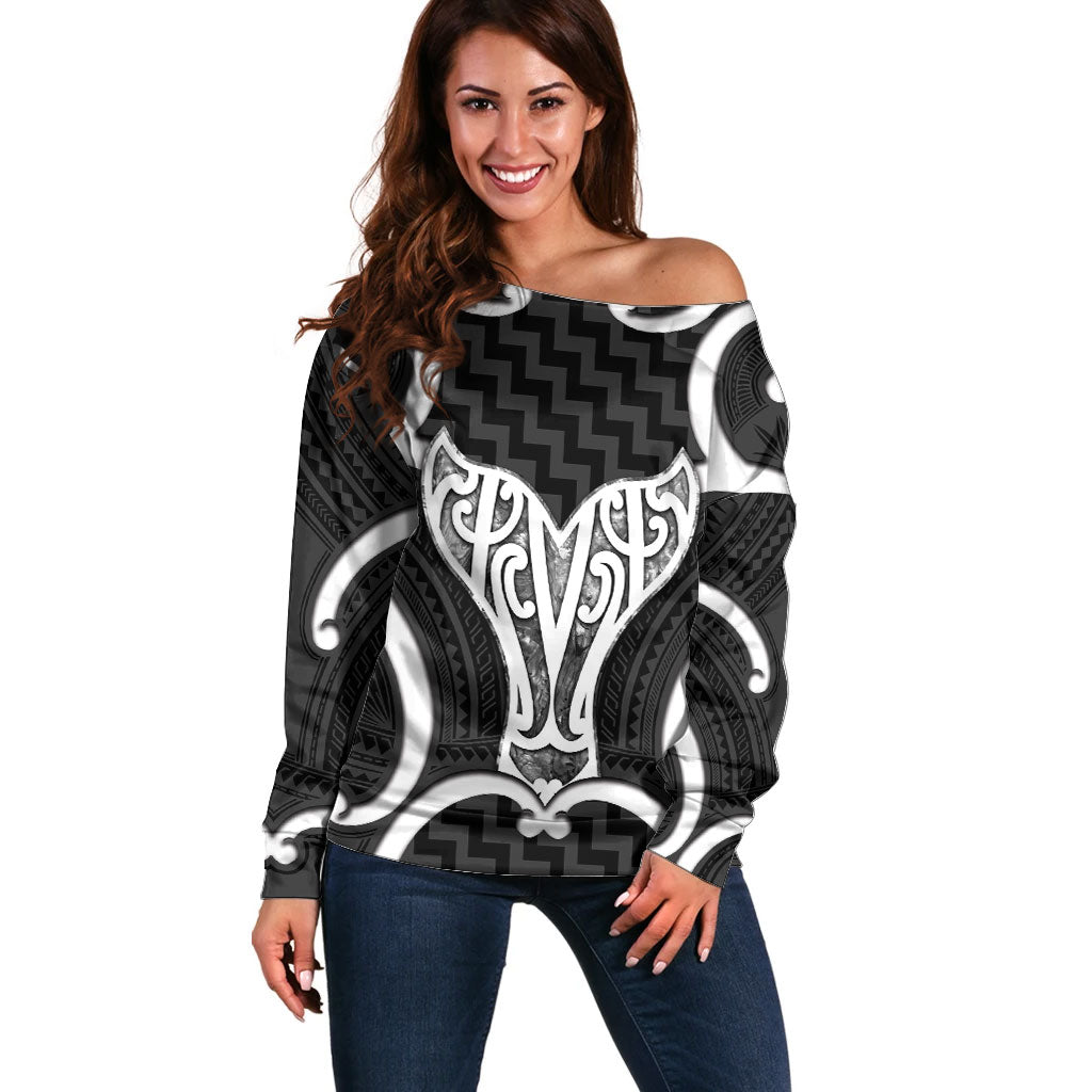 Aotearoa Atua Tangaroa Personalised Off Shoulder Sweater God Of The Sea Maori Whale Tail Black LT14 Women Black - Polynesian Pride
