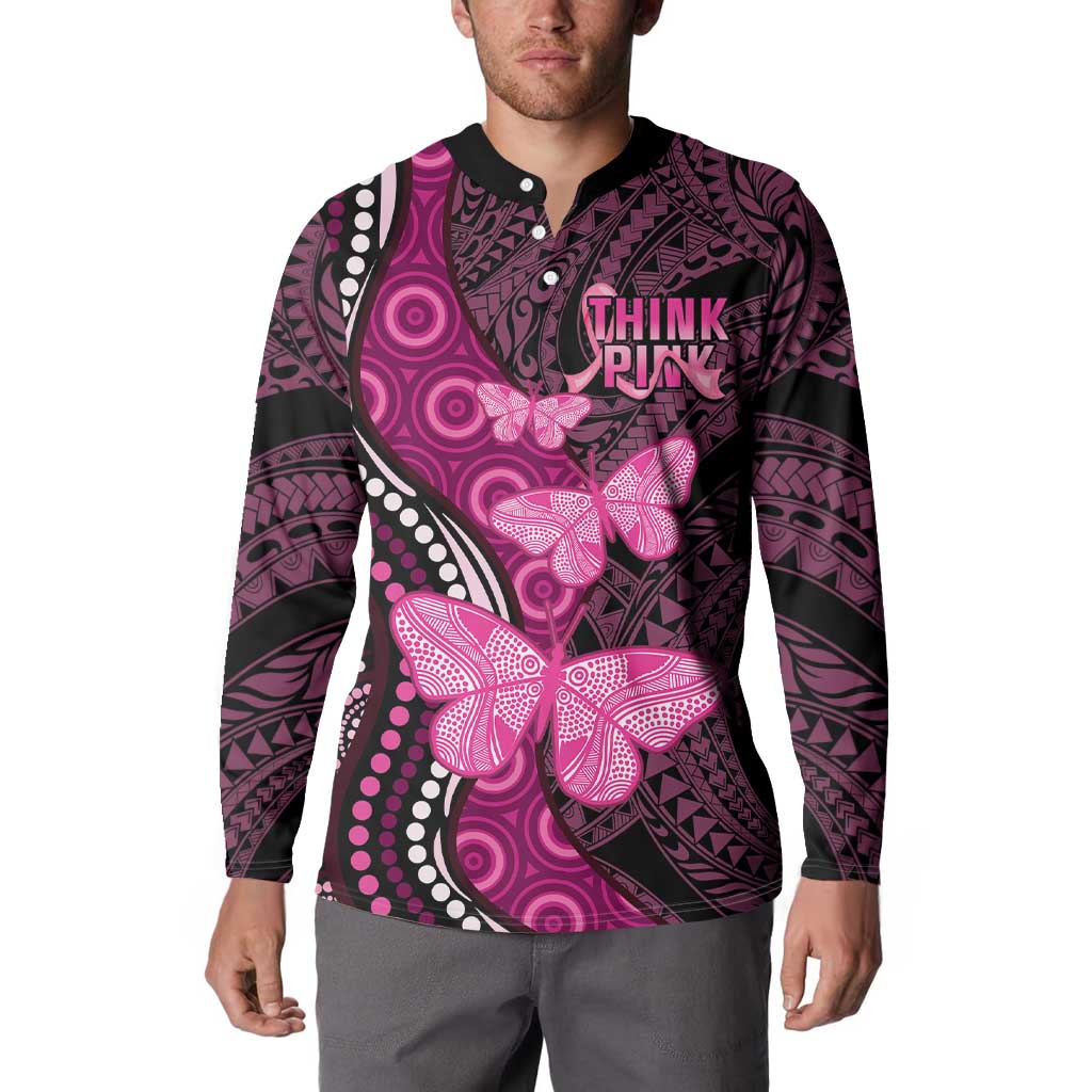 Think Pink Breast Cancer Awareness Button Sweatshirt Butterfly Aboriginal Mix Polynesian Pattern
