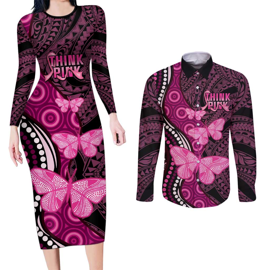 Think Pink Breast Cancer Awareness Couples Matching Long Sleeve Bodycon Dress and Long Sleeve Button Shirt Butterfly Aboriginal Mix Polynesian Pattern