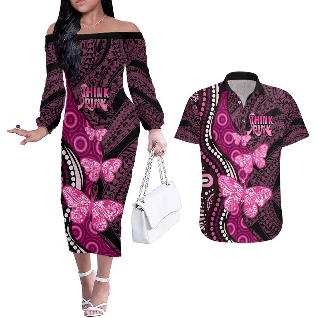 Think Pink Breast Cancer Awareness Couples Matching Off The Shoulder Long Sleeve Dress and Hawaiian Shirt Butterfly Aboriginal Mix Polynesian Pattern