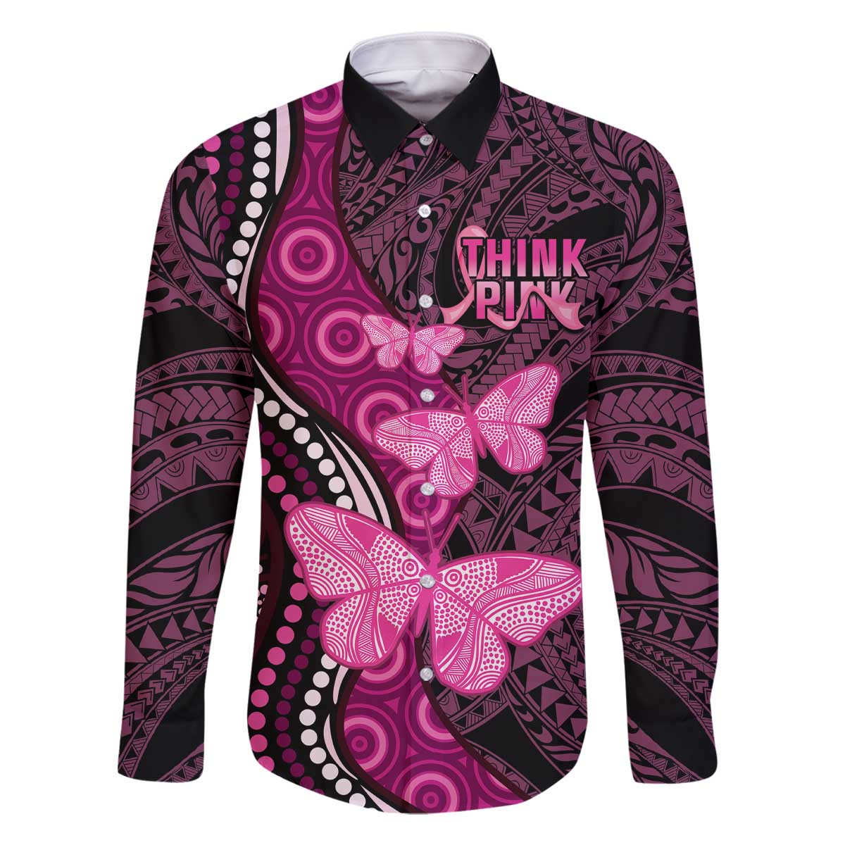 Think Pink Breast Cancer Awareness Family Matching Off The Shoulder Long Sleeve Dress and Hawaiian Shirt Butterfly Aboriginal Mix Polynesian Pattern