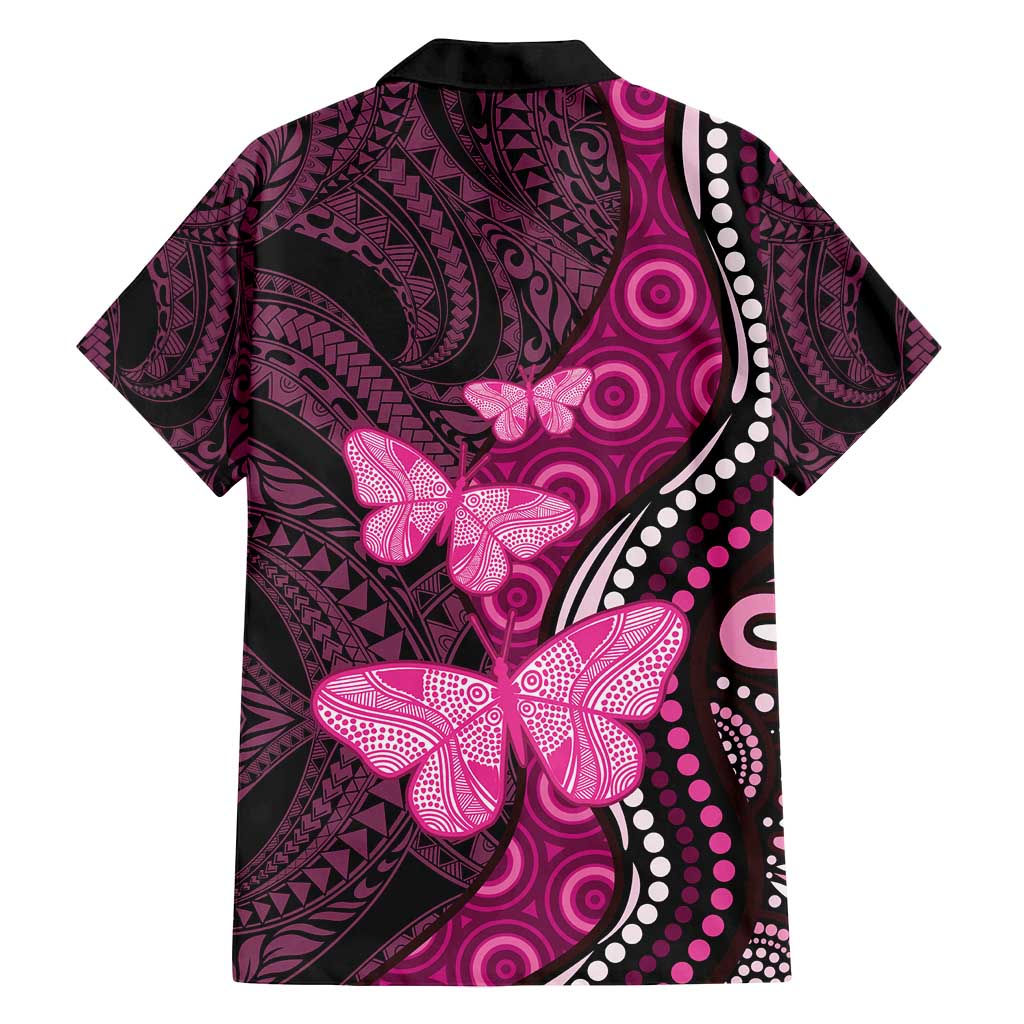 Think Pink Breast Cancer Awareness Family Matching Off Shoulder Maxi Dress and Hawaiian Shirt Butterfly Aboriginal Mix Polynesian Pattern