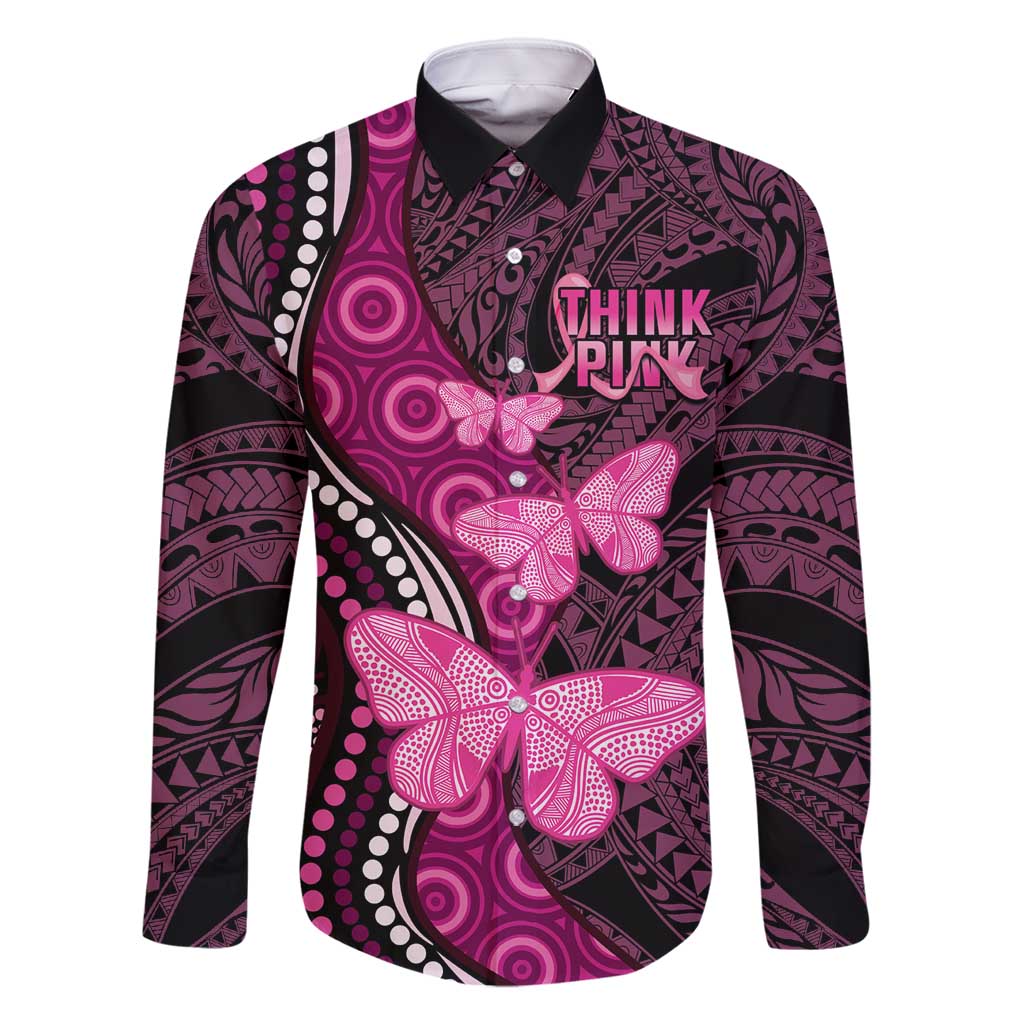 Think Pink Breast Cancer Awareness Family Matching Summer Maxi Dress and Hawaiian Shirt Butterfly Aboriginal Mix Polynesian Pattern