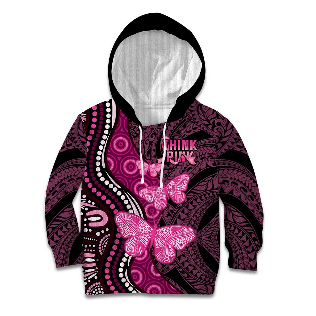 Think Pink Breast Cancer Awareness Kid Hoodie Butterfly Aboriginal Mix Polynesian Pattern