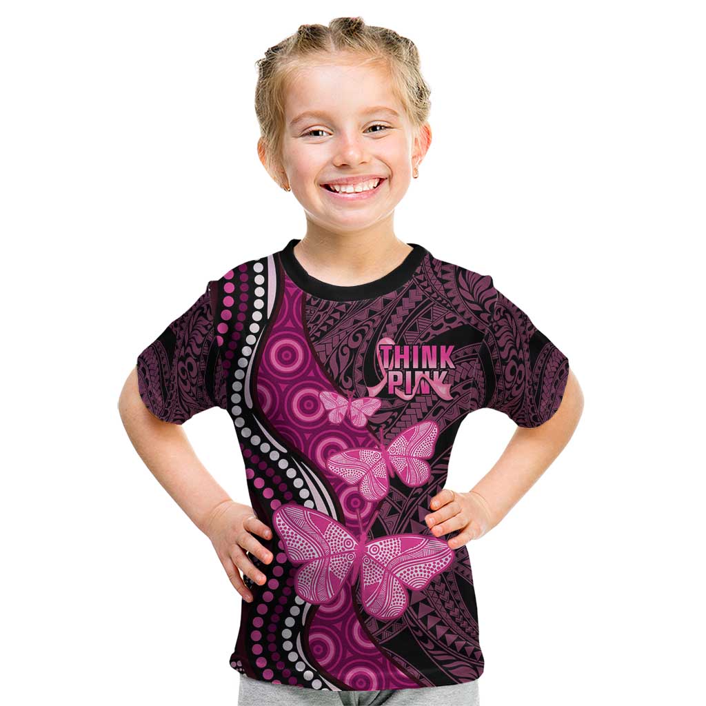 Think Pink Breast Cancer Awareness Kid T Shirt Butterfly Aboriginal Mix Polynesian Pattern