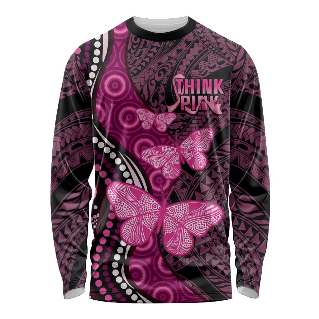 Think Pink Breast Cancer Awareness Long Sleeve Shirt Butterfly Aboriginal Mix Polynesian Pattern