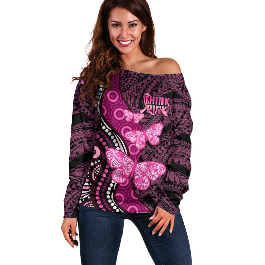 Think Pink Breast Cancer Awareness Off Shoulder Sweater Butterfly Aboriginal Mix Polynesian Pattern