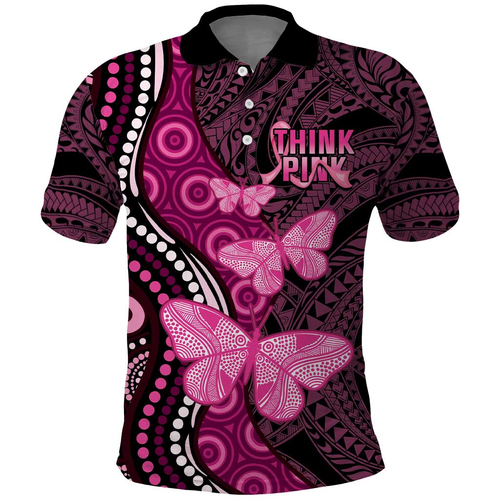 Think Pink Breast Cancer Awareness Polo Shirt Butterfly Aboriginal Mix Polynesian Pattern