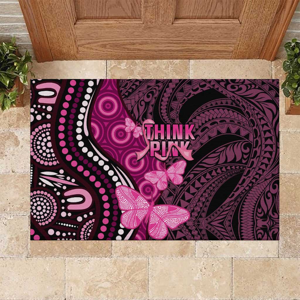 Think Pink Breast Cancer Awareness Rubber Doormat Butterfly Aboriginal Mix Polynesian Pattern