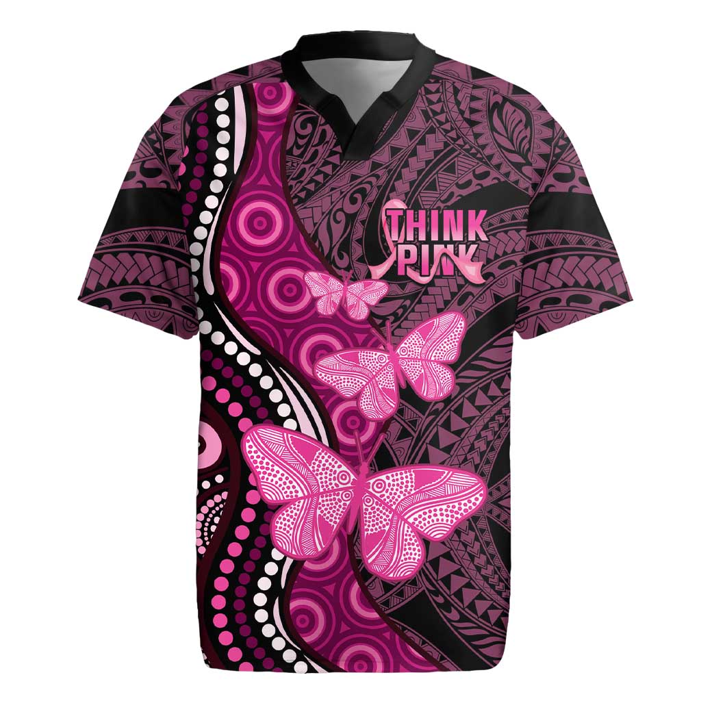 Think Pink Breast Cancer Awareness Rugby Jersey Butterfly Aboriginal Mix Polynesian Pattern