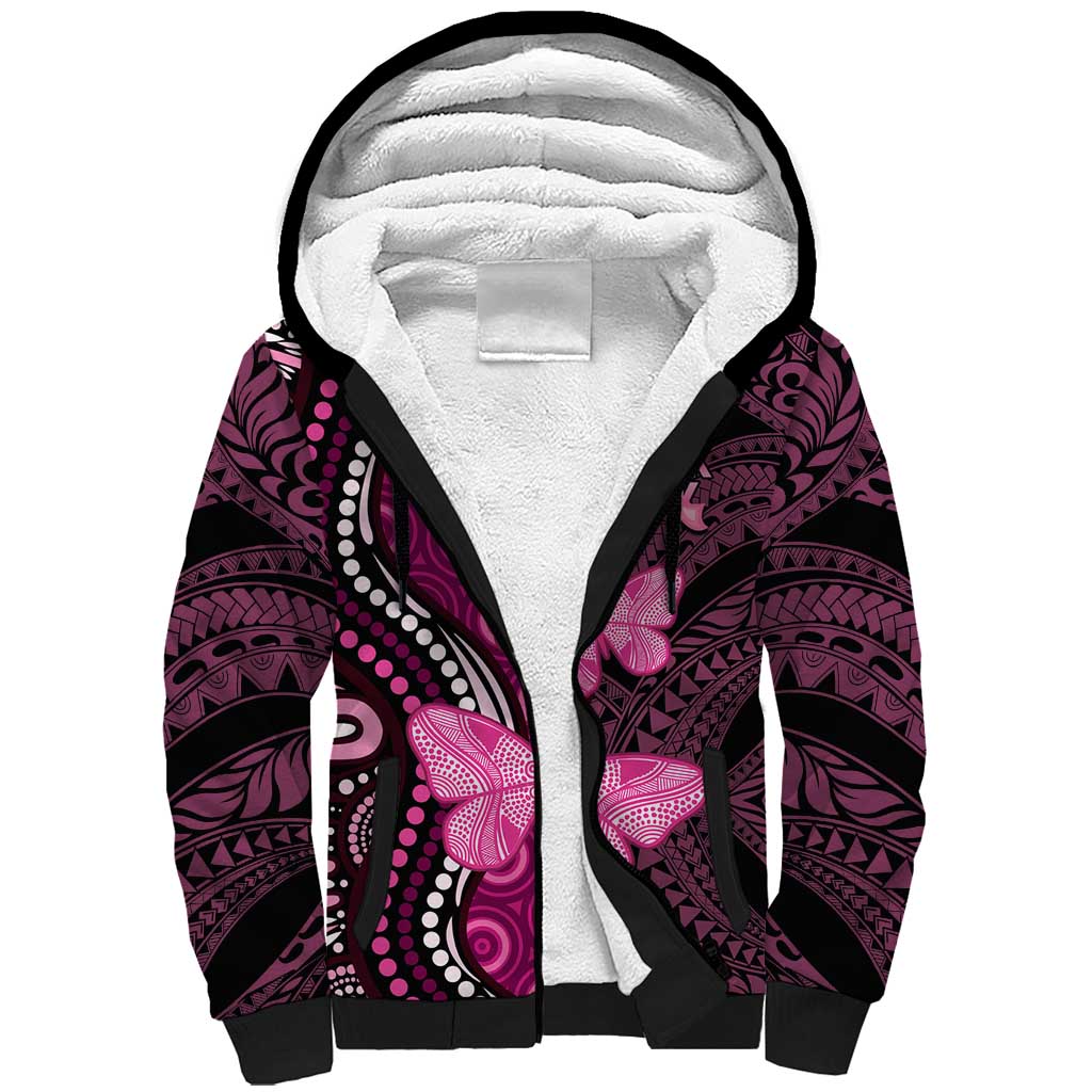 Think Pink Breast Cancer Awareness Sherpa Hoodie Butterfly Aboriginal Mix Polynesian Pattern