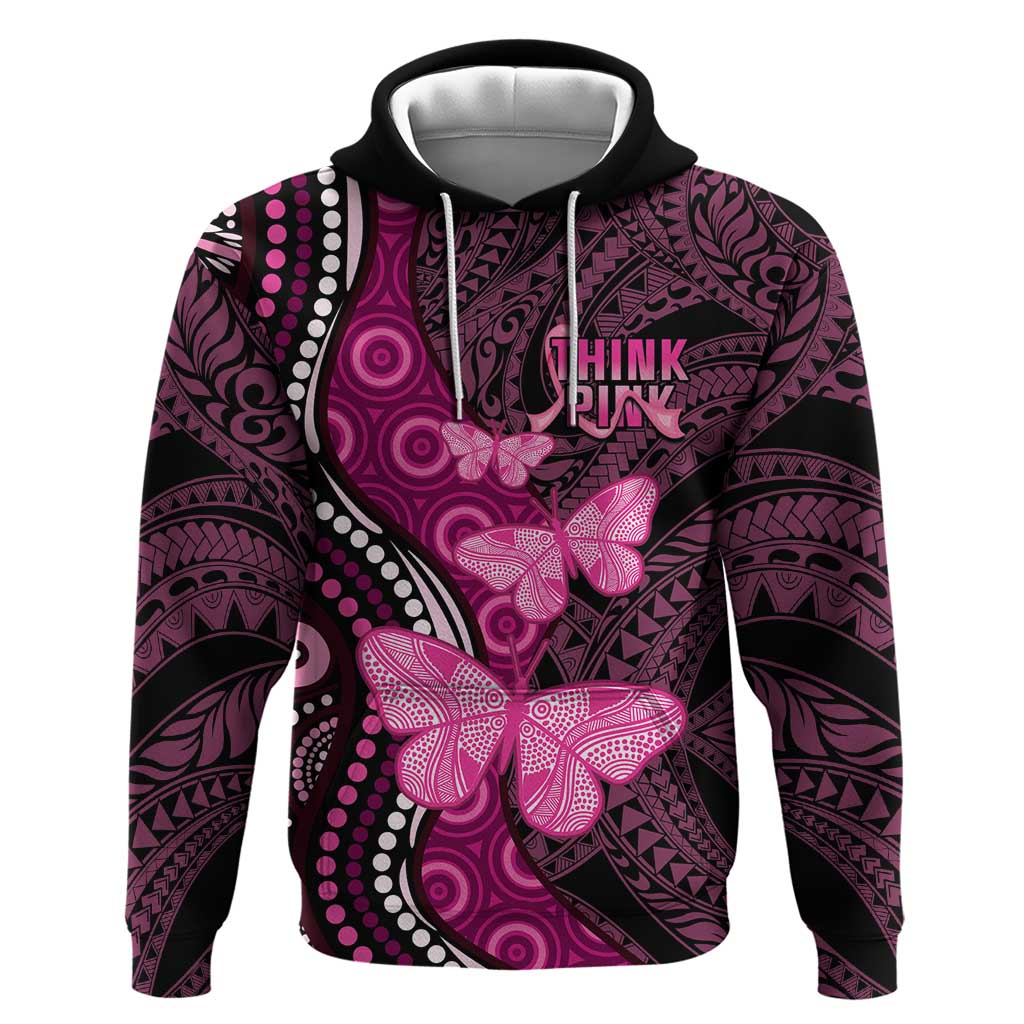 Think Pink Breast Cancer Awareness Zip Hoodie Butterfly Aboriginal Mix Polynesian Pattern