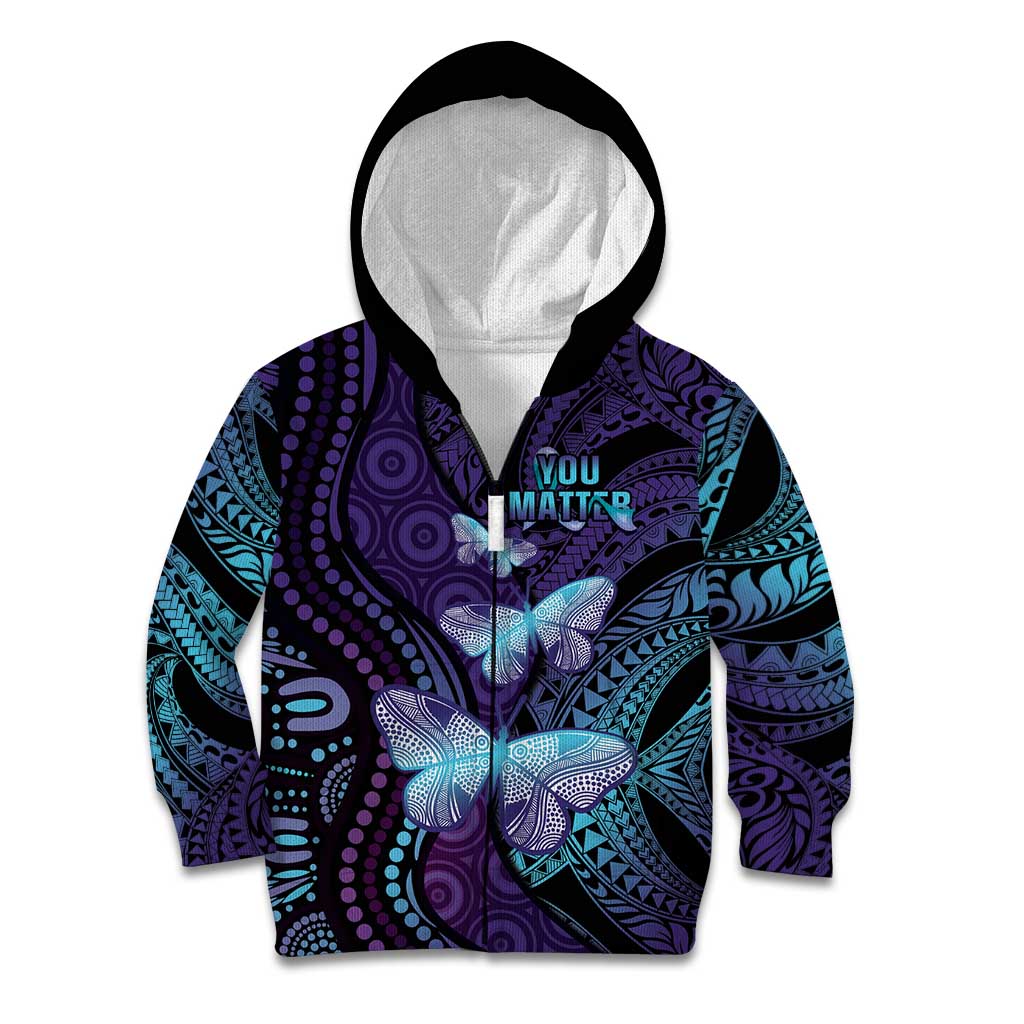 You Matter Suicide Prevention Awareness Kid Hoodie Butterfly Aboriginal Mix Polynesian Pattern