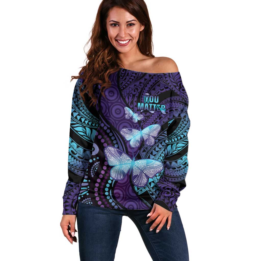 You Matter Suicide Prevention Awareness Off Shoulder Sweater Butterfly Aboriginal Mix Polynesian Pattern