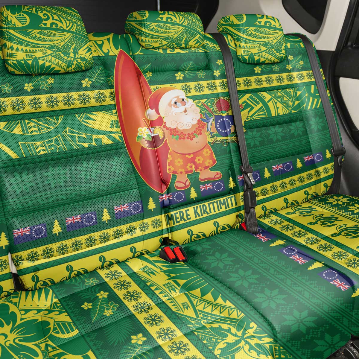 Cook Islands Christmas Back Car Seat Cover Surfing Santa Mere Kiritimiti - Polynesian Pride