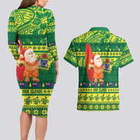 Cook Islands Christmas Couples Matching Long Sleeve Bodycon Dress and Hawaiian Shirt Surfing Santa Mere Kiritimiti - Polynesian Pride
