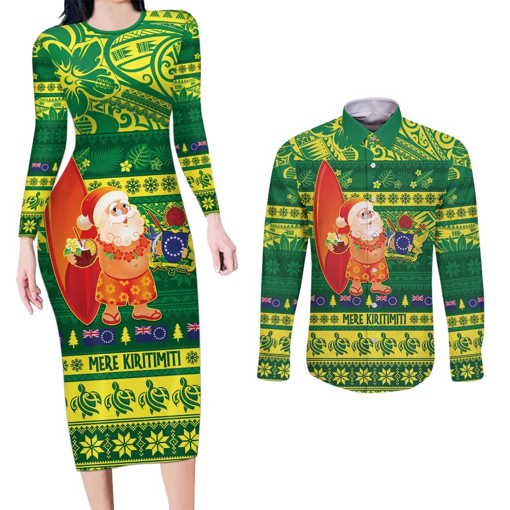 Cook Islands Christmas Couples Matching Long Sleeve Bodycon Dress and Long Sleeve Button Shirt Surfing Santa Mere Kiritimiti - Polynesian Pride