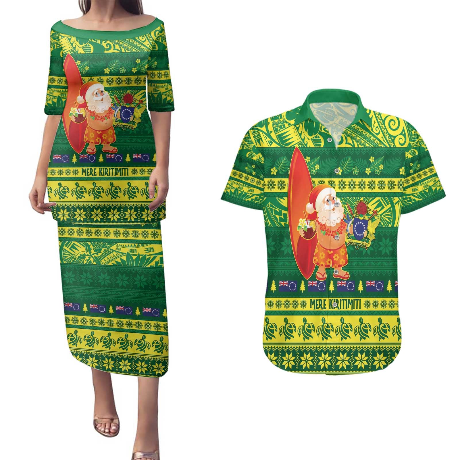 Cook Islands Christmas Couples Matching Puletasi and Hawaiian Shirt Surfing Santa Mere Kiritimiti - Polynesian Pride