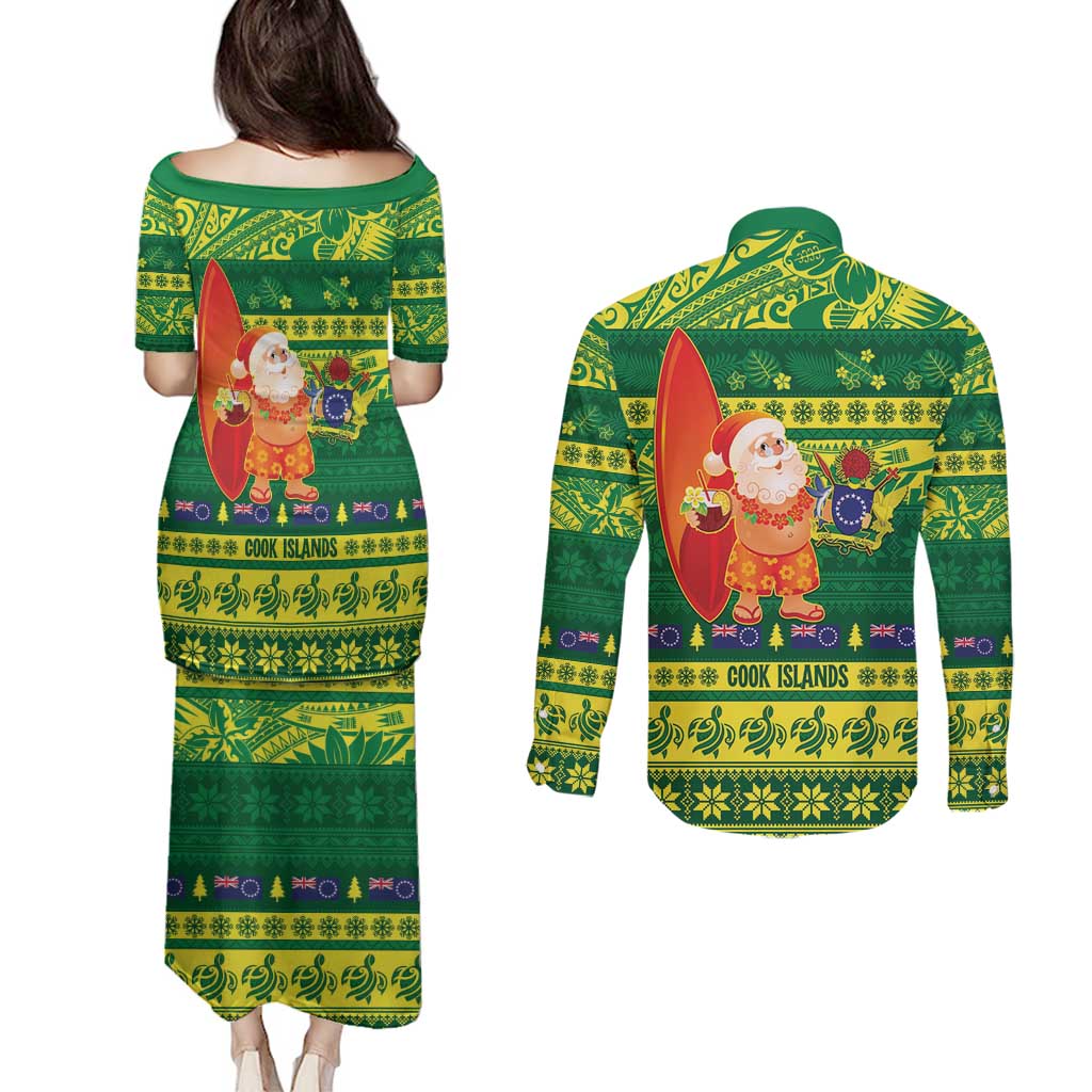 Cook Islands Christmas Couples Matching Puletasi and Long Sleeve Button Shirt Surfing Santa Mere Kiritimiti - Polynesian Pride