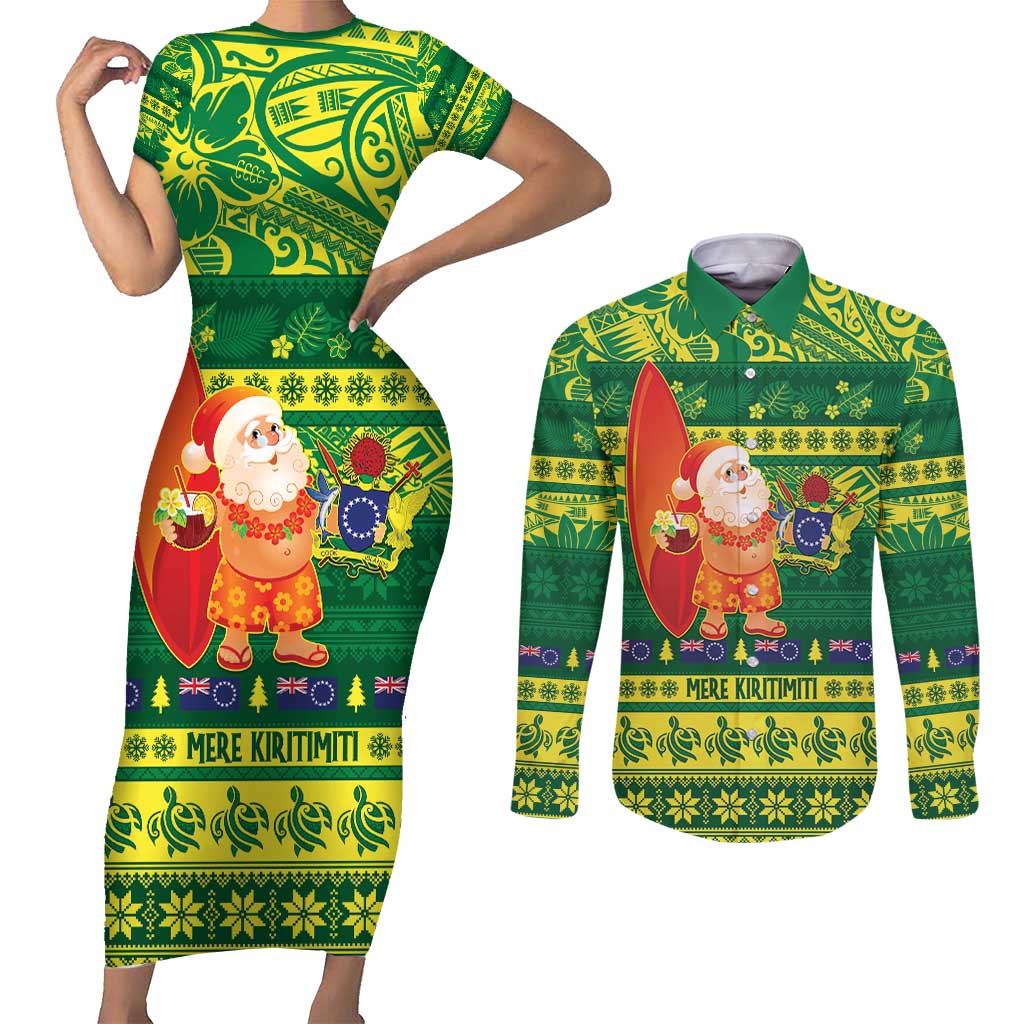 Cook Islands Christmas Couples Matching Short Sleeve Bodycon Dress and Long Sleeve Button Shirt Surfing Santa Mere Kiritimiti - Polynesian Pride